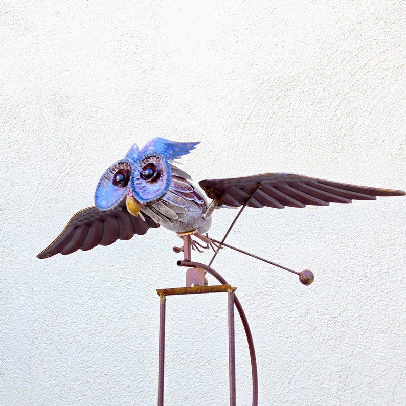 Rustic Metal Owl Garden Stake – Kinetic Balancing Yard Art, Outdoor Farmhouse Decor